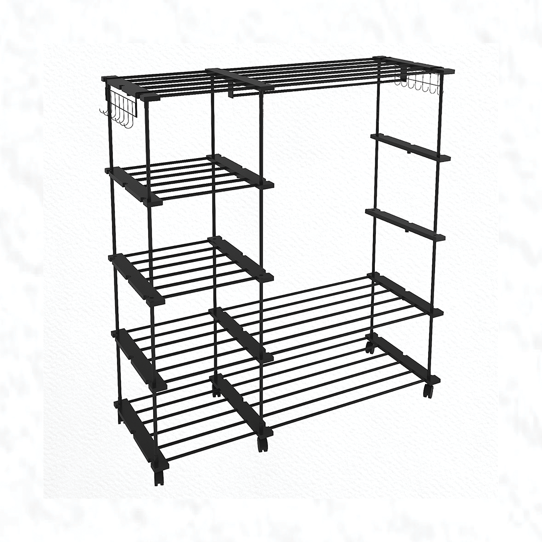 Optra Modular Freestanding Garment Rack & Multi-Tier Clothes Organizer with Wheels – Matte Black