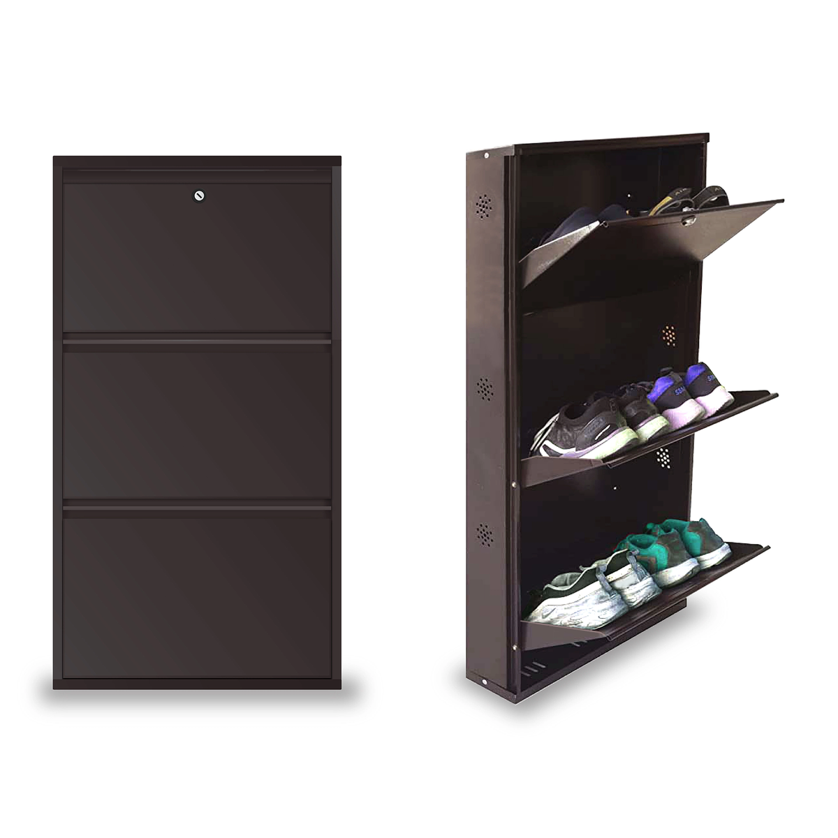 Metal Wall Mounted Shoe Rack Cabinet with Lock (26 Inch, 3 to 5 Tiers)