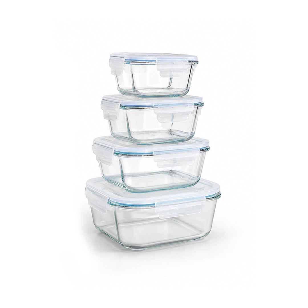 TNT Square Borosilicate Glass Food Storage Container Set with Airtight Locking Lids (320ml, 520ml, 800ml, 1200ml)