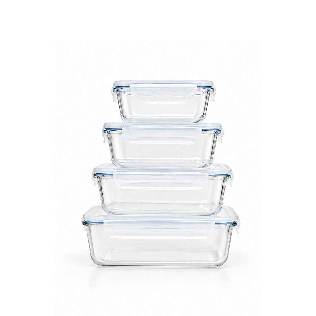 TNT Rectangular Borosilicate Glass Food Storage Container Set with Airtight Locking Lids (370ml, 640ml, 1040ml, 1520ml)