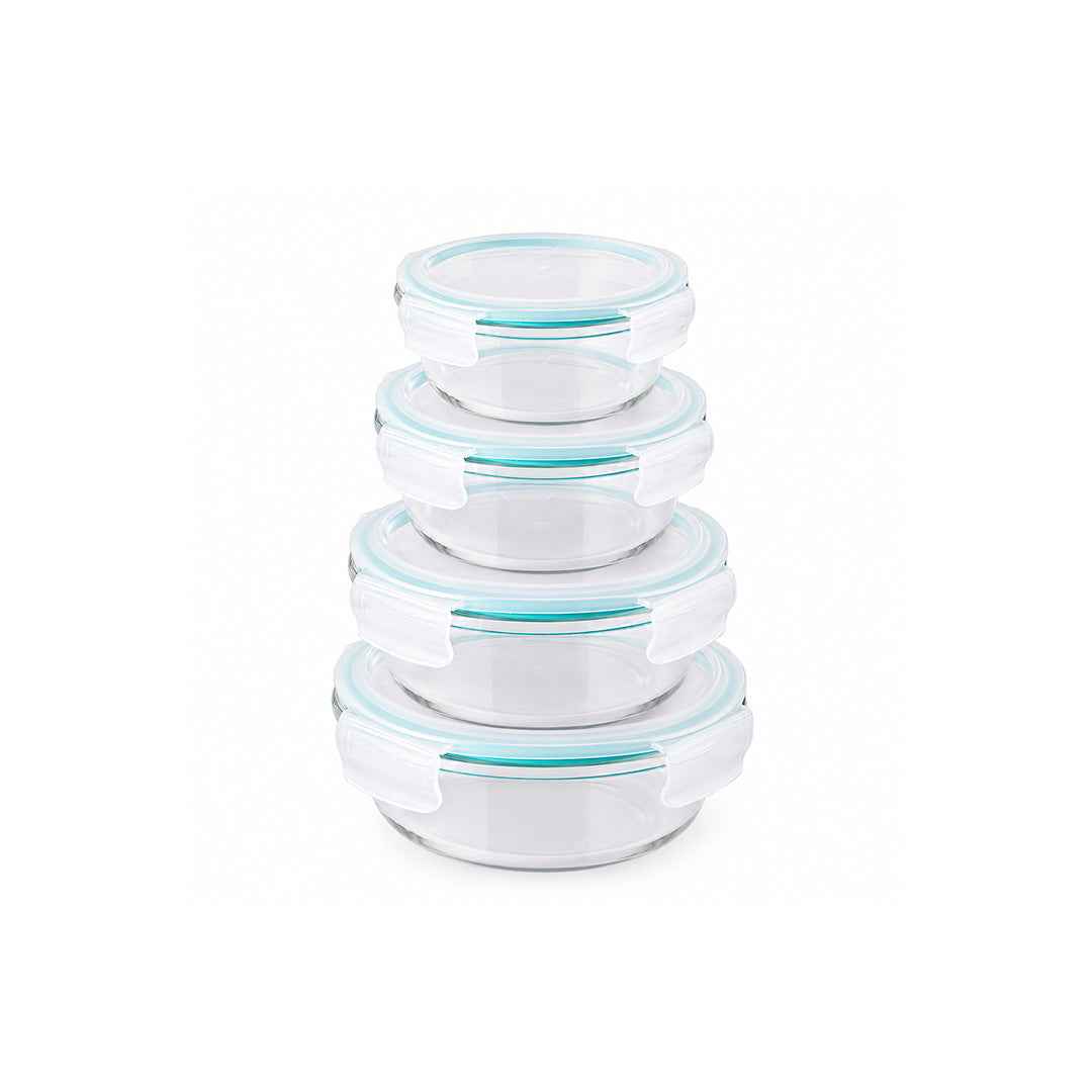 TNT Round Borosilicate Glass Food Storage Container Set with Airtight Locking Lids (400ml, 620ml, 950ml, 1300ml)