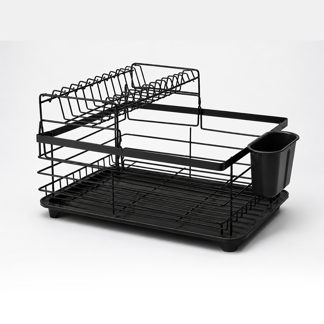 Sento Heavy-Duty Metal Dish Drying Rack with Drain Tray & Cutlery Holder – Matte Black