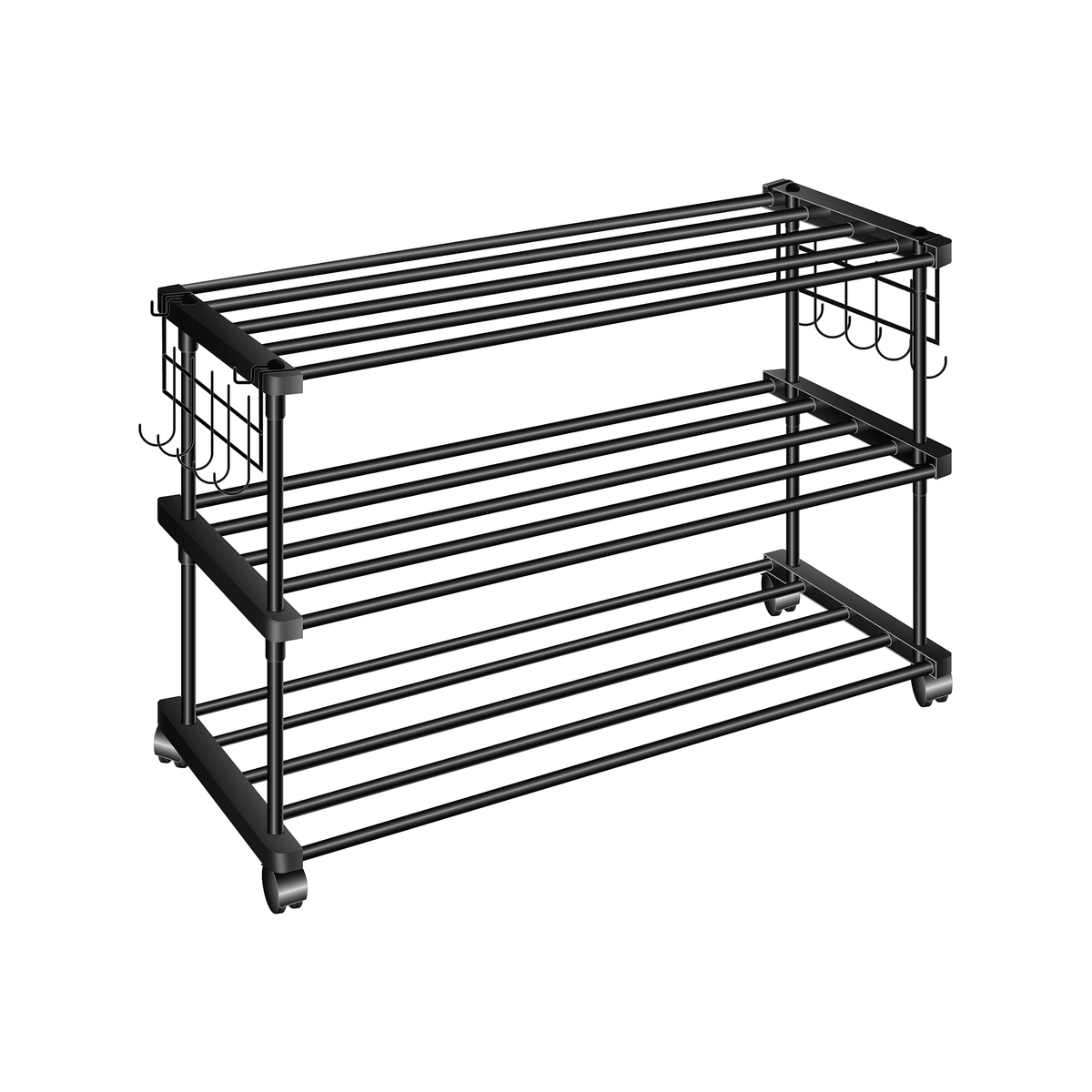 Movable Metal Shoe Rack with Wheels & Side Hooks - Multi Tier Footwear Organizer (3, 4, 5, 6 Shelves)