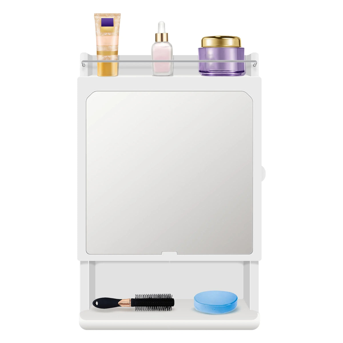 Regal Plastic Wall-Mounted Bathroom Mirror Cabinet with Multi-Tier Shelves & Toothbrush Holder